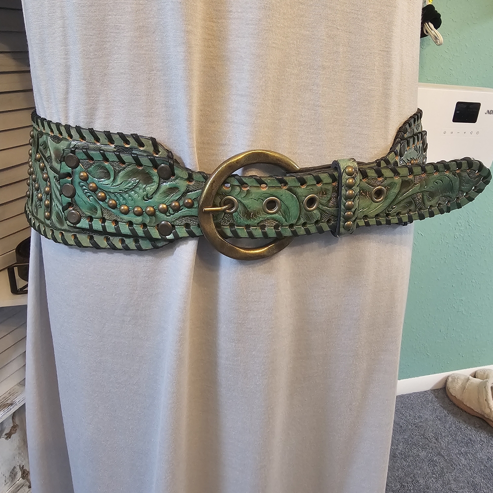 ORIGINAL JUAN ANTONIO Elegant Teal Hand Tooled Leather Belt Brass Accents Large - Picture 3 of 6